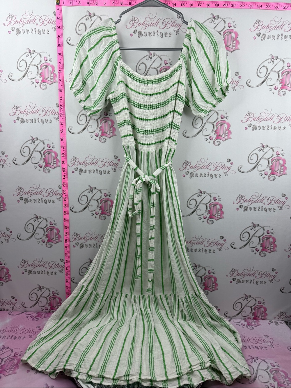 Monsoon dress puff sleeve belted White and Green Striped Smocked Maxi Dress